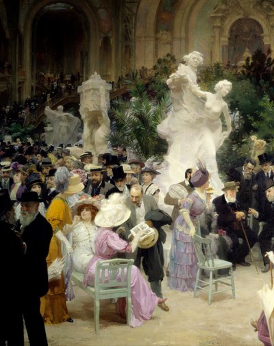 Belle epoque: "A friday of the Salon des artistes francais" Mondanites durante a exposição de arte no Grand Palais em Paris. Detalhe. Pintura de Jules Alexandre Grun (1868-1934) 1911 Rouen. Museu de Belas Artes de Jules Alexandre Gruen or Grun