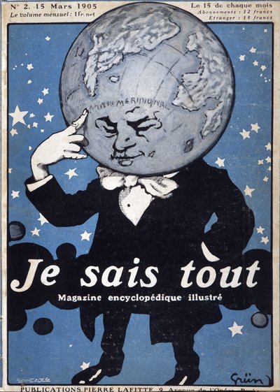 Pensamento do Globo da Terra - Thinking Earth Globe - em "Je Sais Tout" de 15/03/1905 - ilustração de Jules Grun 1868-1938 de Jules Alexandre Gruen or Grun