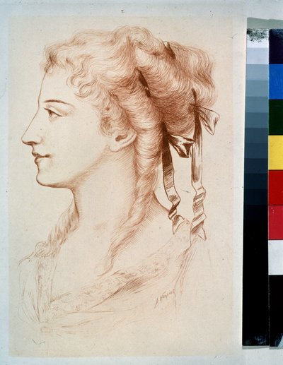 "Profil de jeune dame" (Retrato de uma jovem senhora) Dessin a la plume de Jules Armand Hanriot (1853-1877) 19eme siecle State Open-air Museum Peterhof, São Petersburgo de Jules Armand Hanriot