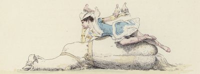 Apresentador de circo, deitado num cavalo, com pombas no braço e na cabeça (cor litho) de Jules Arsene (after) Garnier