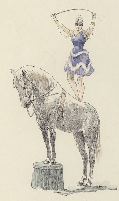 Ginasta de pé no dorso de um cavalo (cor litho) de Jules Arsene (after) Garnier