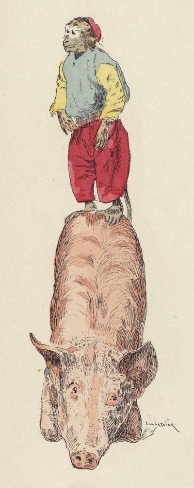 Macaco montado num porco (cor litho) de Jules Arsene (after) Garnier