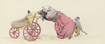 Porco empurrando um cão num carrinho, com um macaco atrás (cor litho) de Jules Arsene (after) Garnier