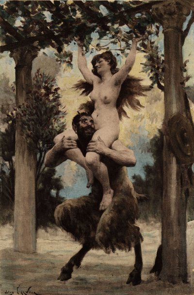 Uma criatura meio-homem meio-animal que carrega ao ombro uma mulher nua na vinha que conduz ao Templo da Garrafa. Pantagruel. Ilustração de Jules Garnier. Em "Rabelais et l