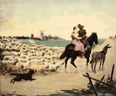 Uma mansão e um pastor num cavalo. Um burro tem o seu direito. A ovelha e o cão do pastor seguinte. Pantagruel. Ilustração de Jules Garnier. Em "Rabelais et l