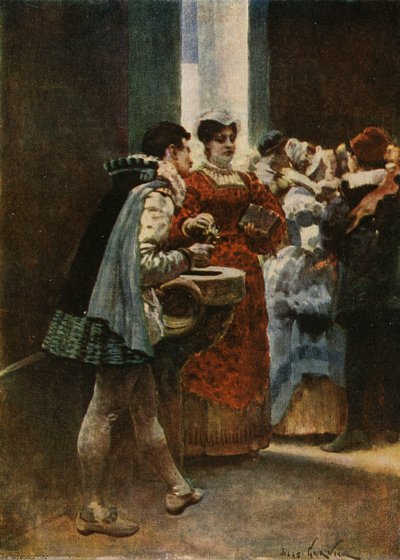 À entrada de uma igreja, Panurge dá água a uma mulher. Pantagruel. Ilustração de Jules Garnier. Em "Rabelais et l