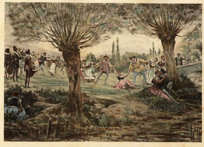 Dançarinos e músicos durante a festa de Carnaval. Gargântua. Ilustração de Jules Garnier. Em "Rabelais et l