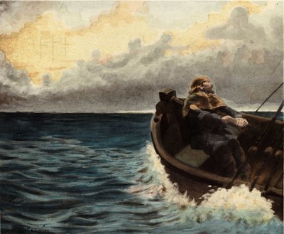 O marinheiro egípcio Thamous no seu barco. Pantagruel, ilustração de Jules Garnier. Em "Rabelais e as obras de Jules Garnier". de Jules Arsene Garnier