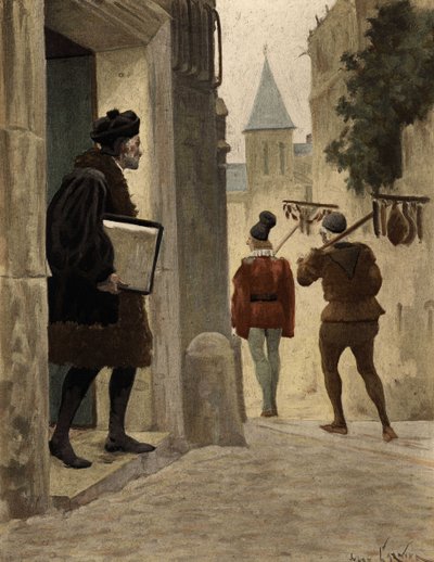 O Mestre Janotus (Ianotus) de Bragmardo deixa a casa parisiense de Gargantua levando os presentes oferecidos por Gargantua. Gargântua. Ilustração de Jules Garnier. Em "Rabelais et l
