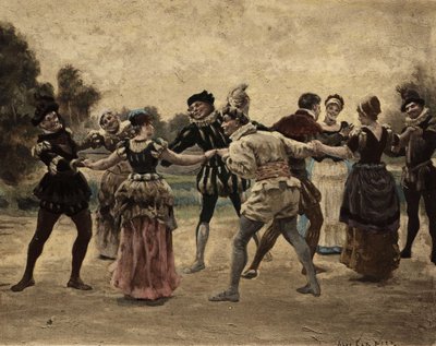 Homens e mulheres a jogar furão. Gargântua. Ilustração de Jules Garnier. Em "Rabelais et l