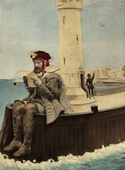 Pantagruel a ler uma carta do seu pai Gargantua, sentado junto ao farol da ilha de Medamothi. Pantagruel. Ilustração de Jules Garnier. "Rabelais e a obra de Jules Garnier" de Jules Arsene Garnier