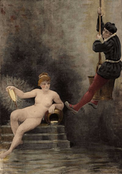 Panurge descendo ao poço ou, segundo Heráclito (Heraclitus), é a verdade simbolizada por uma mulher. Pantagruel. Ilustração de Jules Garnier. Em "Rabelais et l