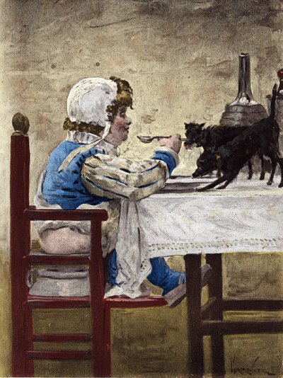 Os cães de Grandbuckthorn, o pai de Gargantua, a comer no prato de Gargantua. Gargântua. Ilustração de Jules Garnier. In" Rabelais et l