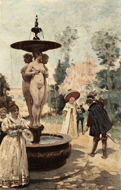 A fonte da Abadia de Theleme, as três Graças. Gargântua. Ilustração de Jules Garnier. Em "Rabelais et l