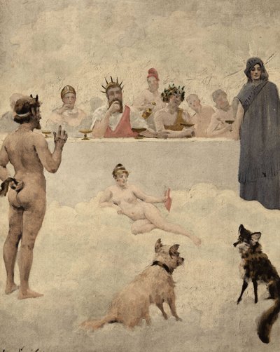 O deus dos jardins, Príapo, perante o conselho dos deuses. No centro, Iúpiter (Júpiter, Zeus). À sua esquerda, Baco (Dionísio, Bacco). Em baixo, um cão e uma raposa. Pantagruel. Ilustração de Jules Garnier. Em "Rabelais et l