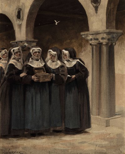 As freiras da abadia de Coingnaufond abrem a caixa doada pelo Papa Ian (João) XXII. Pantagruel. Ilustração de Jules Garnier. Em "Rabelais et l