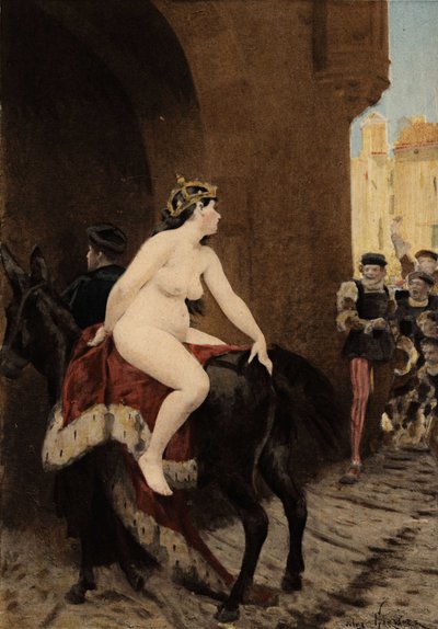 Esposa do imperador de Milão, Federico (Frederico) Barberossa, perseguida pelos milaneses para fora da cidade. Ela monta a mula Thacor. Pantagruel. Ilustração de Jules Garnier. Em "Rabelais et l