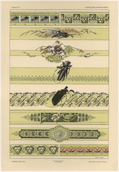Besouros, placa 14 de &39;Fantasias Decorativas&39;, gravada por Gillot, publicada por Jules Rouam, Librairie de l&39;Art, Paris, 1887 (gravura a cor) de Jules Auguste Habert Dys