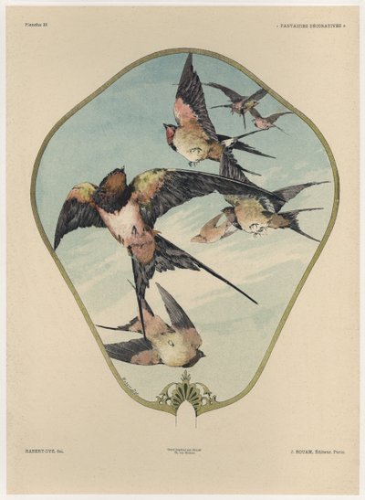 Ventilador, Prato 30 de &39;Fantasias Decorativas&39;, gravado por Gillot, publicado por Jules Rouam, Librairie de l&39;Art, Paris, 1887 (gravura colorida) de Jules Auguste Habert Dys