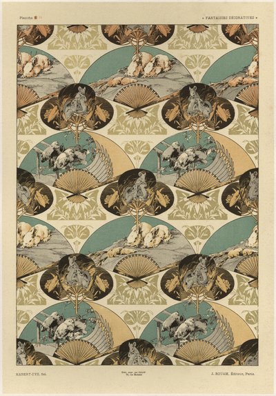 Fãs, gravura 14 de "Fantasias decorativas", gravada por Gillot, publicada por Jules Rouam, libriana de l&39;Art, Paris, 1887 (gravura a cores) de Jules Auguste Habert Dys