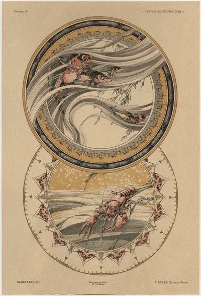Peixes e lagosta, prato 13 de &39;Fantaisies decoratives&39;, gravada por Gillot, publicada por Jules Rouam, da Librairie de l&39;Art, Paris, 1887 (gravura a cor) de Jules Auguste Habert Dys