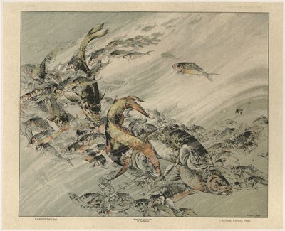 Peixes, prato 7 de &39;Fantasias Decorativas&39;, gravado por Gillot, publicado por Jules Rouam, Livraria de Arte, Paris, 1887 (gravura colorida) de Jules Auguste Habert Dys