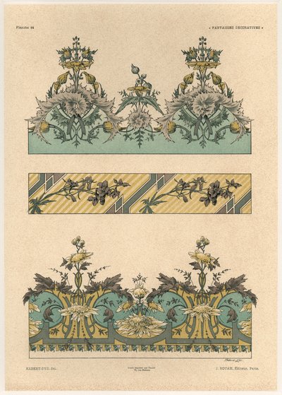 Padrões florais, placa 44 de &39;Fantasias decorativas&39;, gravada por Gillot, publicada por Jules Rouam, Librairie de l&39;Art, Paris, 1887 (gravura a cor) de Jules Auguste Habert Dys