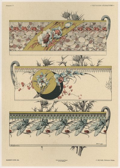 Flores e moscas, prato 11 de &39;Fantaisies decoratives&39;, gravada por Gillot, publicada por Jules Rouam, da Librairie de l&39;Art, Paris, 1887 (gravura a cores) de Jules Auguste Habert Dys