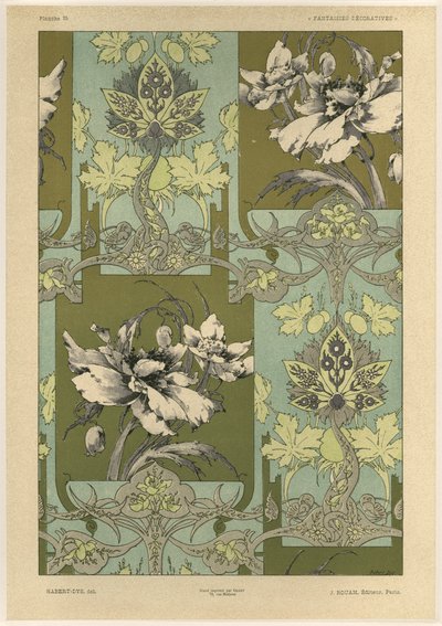 Flores, prato 25 de &39;Fantasias Decorativas&39;, gravado por Gillot, publicado por Jules Rouam, Livraria de Arte, Paris, 1887 (gravura a cores) de Jules Auguste Habert Dys