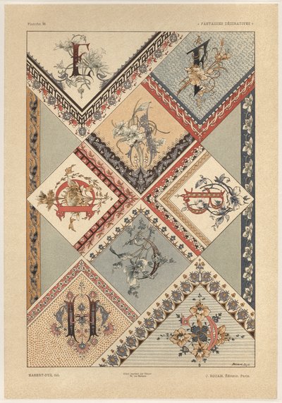 Cartas, Placa 26 de &39;Fantasias Decorativas&39;, gravada por Gillot, publicada por Jules Rouam, Librairie de l&39;Art, Paris, 1887 (gravura a cor) de Jules Auguste Habert Dys