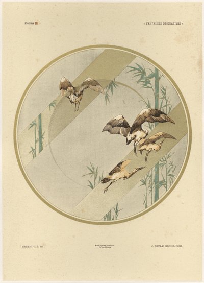 Cegonhas, placa 10 de &39;Fantaisies decoratives&39;, gravada por Gillot, publicada por Jules Rouam, da Librairie de l&39;Art, Paris, 1887 (cor gravura) de Jules Auguste Habert Dys