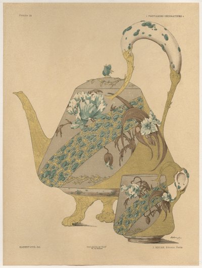 Bule e chávena, prato 33 de &39;Fantaisies decoratives&39;, gravada por Gillot, publicada por Jules Rouam, da Librairie de l&39;Art, Paris, 1887 (gravura a cor) de Jules Auguste Habert Dys