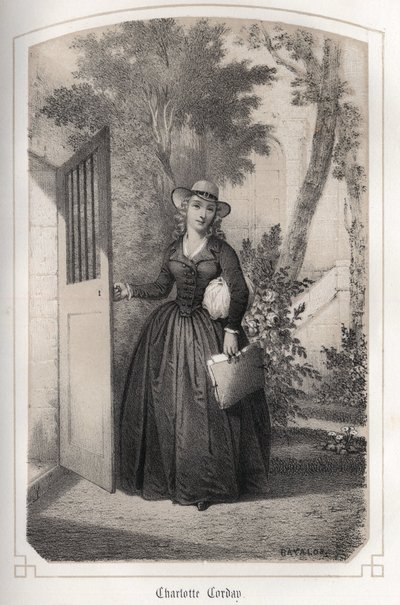Retrato de Charlotte Corday (1768 - 1793). em "Les femmes illustres de la France" pela Condessa DROHOJOWSKA. ILUSTRAÇÕES DE DROGAS DE MM JULES E BAYALOS. por volta de 1850. de Jules and Bayalos Aime de David