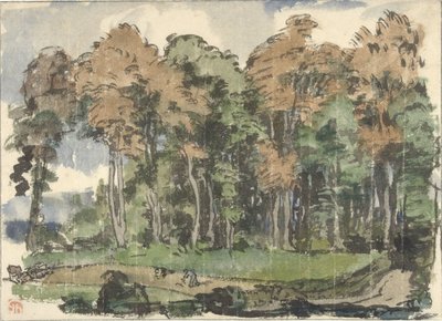 Estrada na orla da floresta, com os camponeses a trabalhar de Jules Chadel