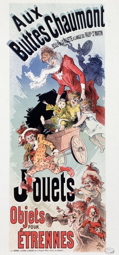 Publicidade para brinquedos na loja "Les Buttes Chaumont" - por Jules Cheret, c. 1890 de Jules Cheret