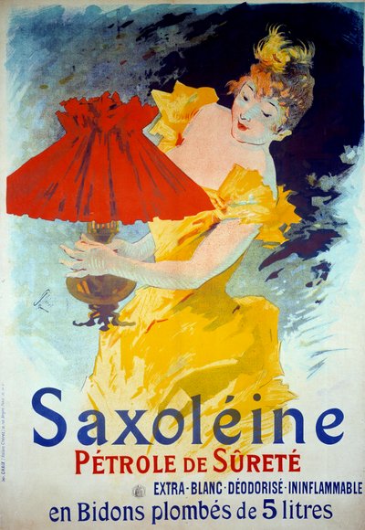 Cartaz publicitário para o produto "Saxoleine Petrole de surete": Uma mulher põe óleo numa lâmpada. Cartaz publicitário do produto "Saxoleine", óleo de lâmpada de segurança de Jules Cheret (1836-1932) de Jules Cheret