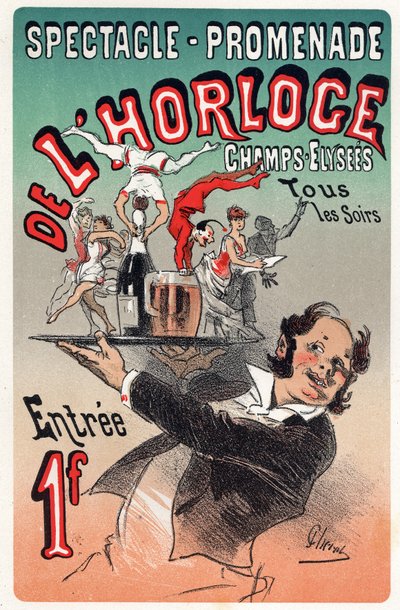 Arte. Entretenimento. Espectáculo de relógios a pé. Cabaré em Paris. Cartaz de Jules Cheret, França, c.1875 de Jules Cheret