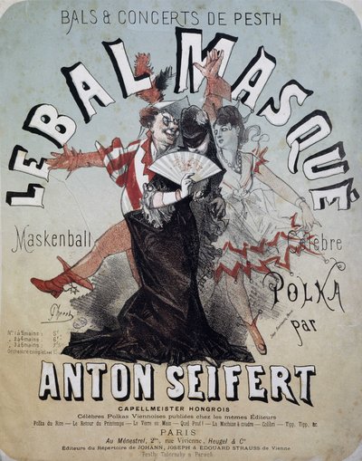 Bola e concerto de Pesth: a bola mascarada (Maskenball, famosa polca de Anton Seifert) - cartaz de Jules Cheret, n.d. de Jules Cheret