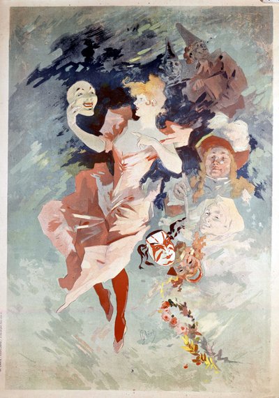 Cartaz de Carnaval de Jules Cheret: mulher com máscara, B.N. Paris. Século XIX. de Jules Cheret