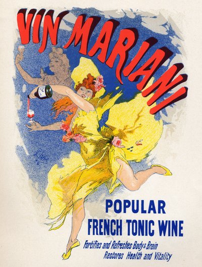 Alimentos e Bebidas. Mariani Vinho Tônico Francês (primeiro cocawine). Cartaz de Jules Cheret (1836-1932), França de Jules Cheret