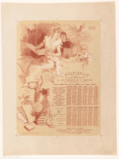 Calendário da livraria Abel Pilon e da editora A. Le Vasseur & Cie para o ano 1891 de Jules Cheret