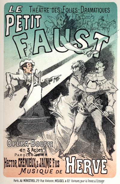 Música. O pequeno Fausto, opereta de Herve. Cartaz de Jules Cheret para uma representação em Paris. de Jules Cheret