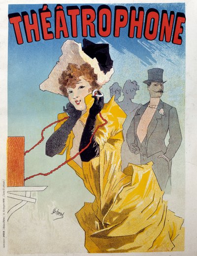 Poster para o Theatrophone: um jovem elegante escuta uma peça de teatro para os ouvintes. Ilustração de Jules Cheret (1836-1932) Paris do século XIX, Artes Decorativas de Jules Cheret
