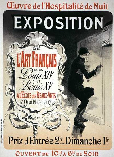 Reprodução de um cartaz publicitário de uma "Exposição de Arte Francesa sob o reinado de Luís XIV e XV" na Ecole des Beaux-Arts, Paris de Jules Cheret