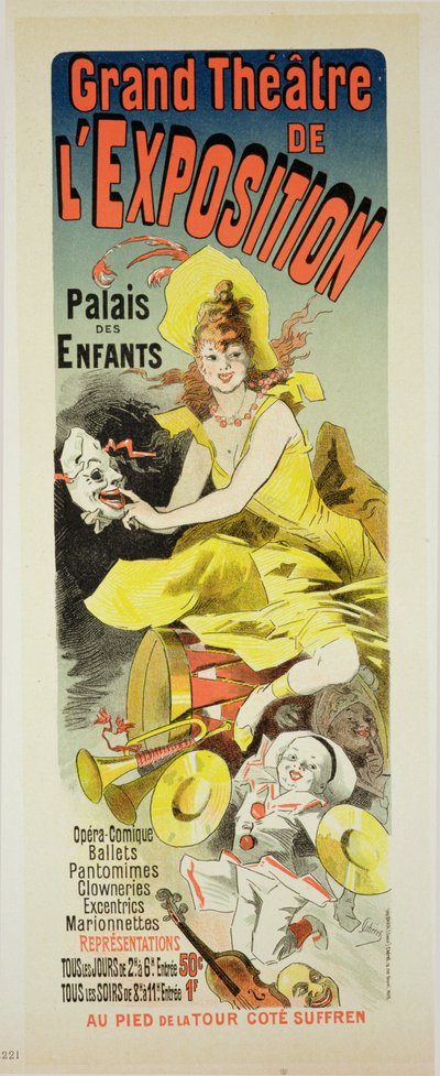Reprodução de um cartaz anunciando o &39;Grande Teatro da Exposição&39;, Palais des Enfants, Paris, 1889 de Jules Cheret