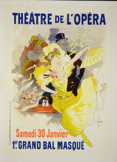 Reprodução de um cartaz anunciando o primeiro &39;Grand Bal Masque&39;, Teatro de L&39;Opera, Paris, 1896 de Jules Cheret