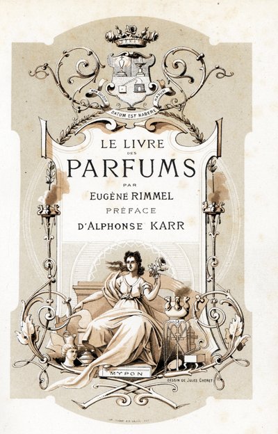 Página de rosto com um brasão e uma mulher segurando uma rosa, sentada num trono - Ilustração de Jules Cheret (1836-1932) de Le Livre des Parfums de Eugene Rimmel (1820-1887), França de Jules Cheret