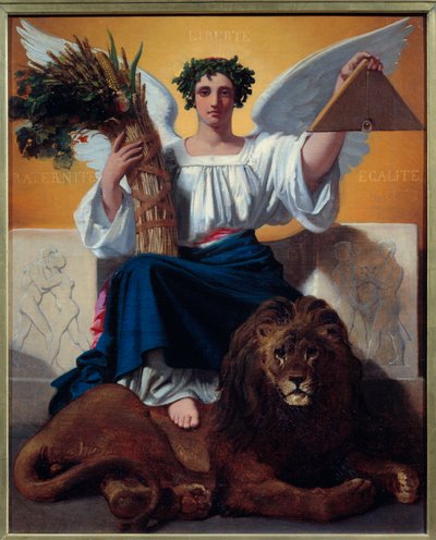 A República. Alegoria representando a república como uma mulher-anjo usando uma coroa símbolo de liberdade, segurando a trave, símbolo de fraternidade, e o delta, símbolo de igualdade de pés sobre um leão, símbolo de poder. O lema "Liberte, Egalite, Frater de Jules Claude Ziegler
