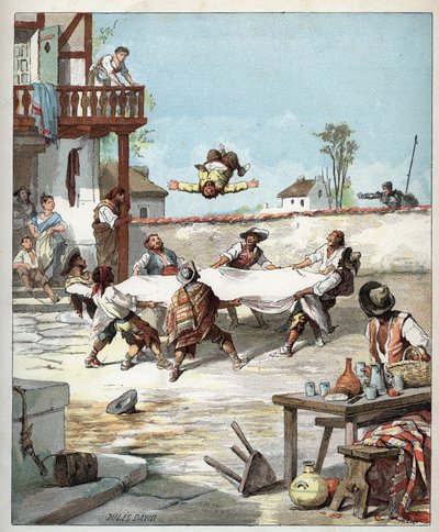 No hotel, des gaillards fazem o voltiger Sancho Panza com um cobertor, Sancho chama para ajudar o seu mestre Don Quixote - Ilustração de Jules David (1808-1892) de Histoir de Jules David