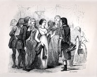 Madame de Stael (1766-1817) questionando Napoleão Bonaparte (1769-1821) sobre as melhores mulheres, de "Napoleão" de Emile Marco de Saint-Hilaire, gravado por Bernard, Paris, 1843 de Jules David
